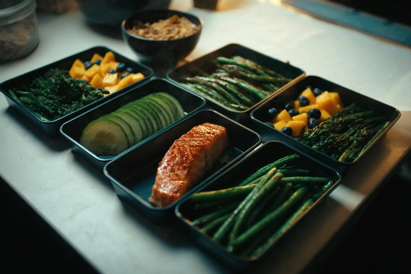 Fresh meal prep with salmon and avocado