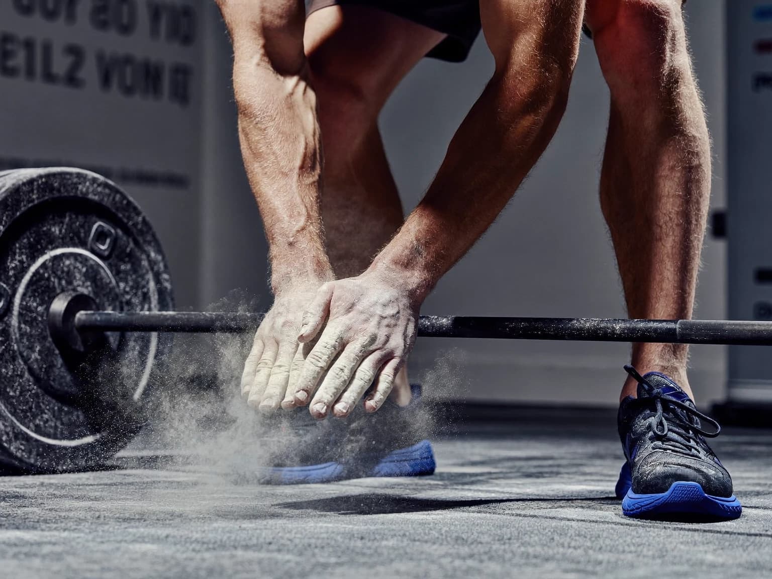 Close-up of a chalked grip on a loaded barbell