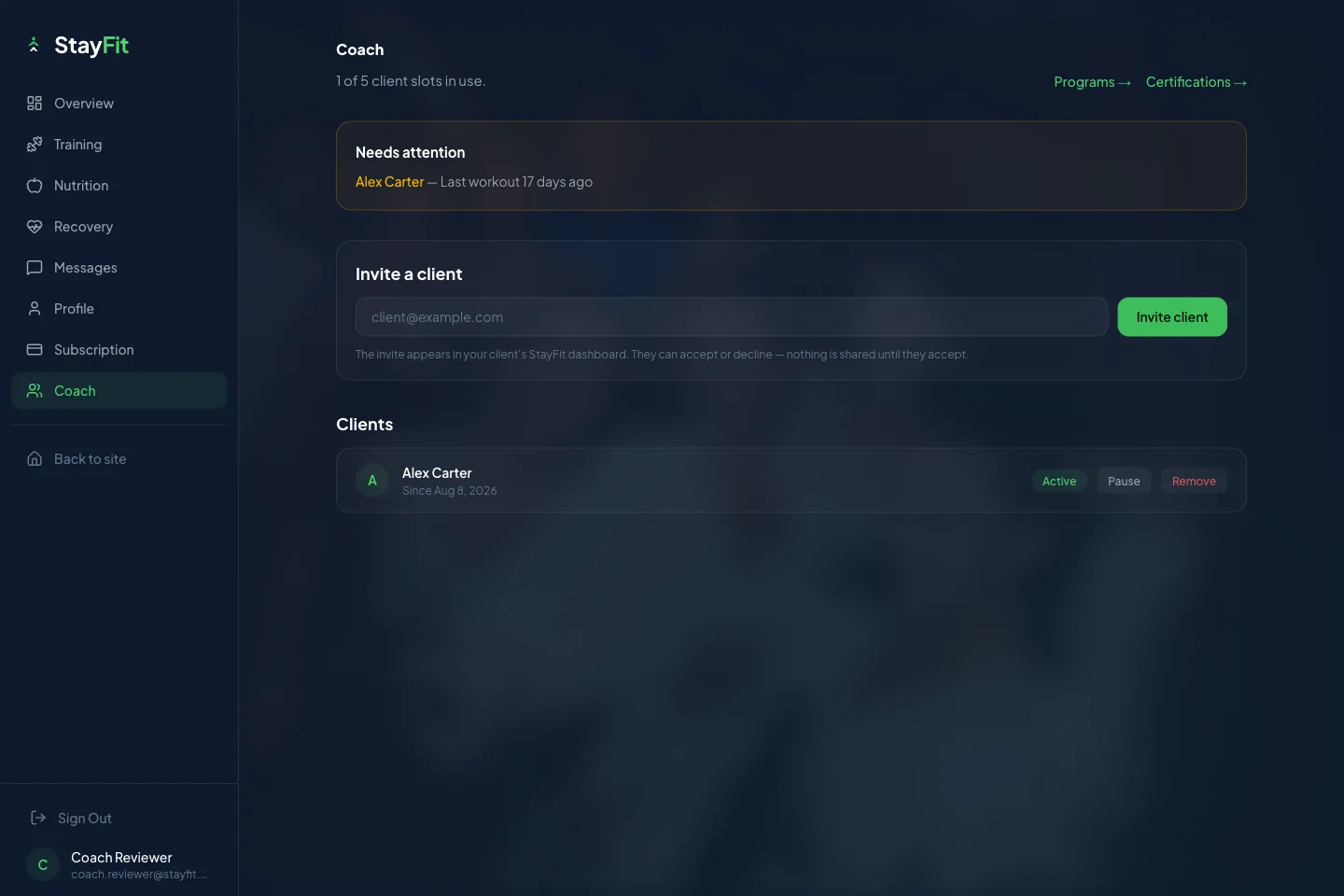 The StayFit coach roster: client slots in use, an alert that a client's last workout was 17 days ago, an invite-by-email form, and clients with status pills