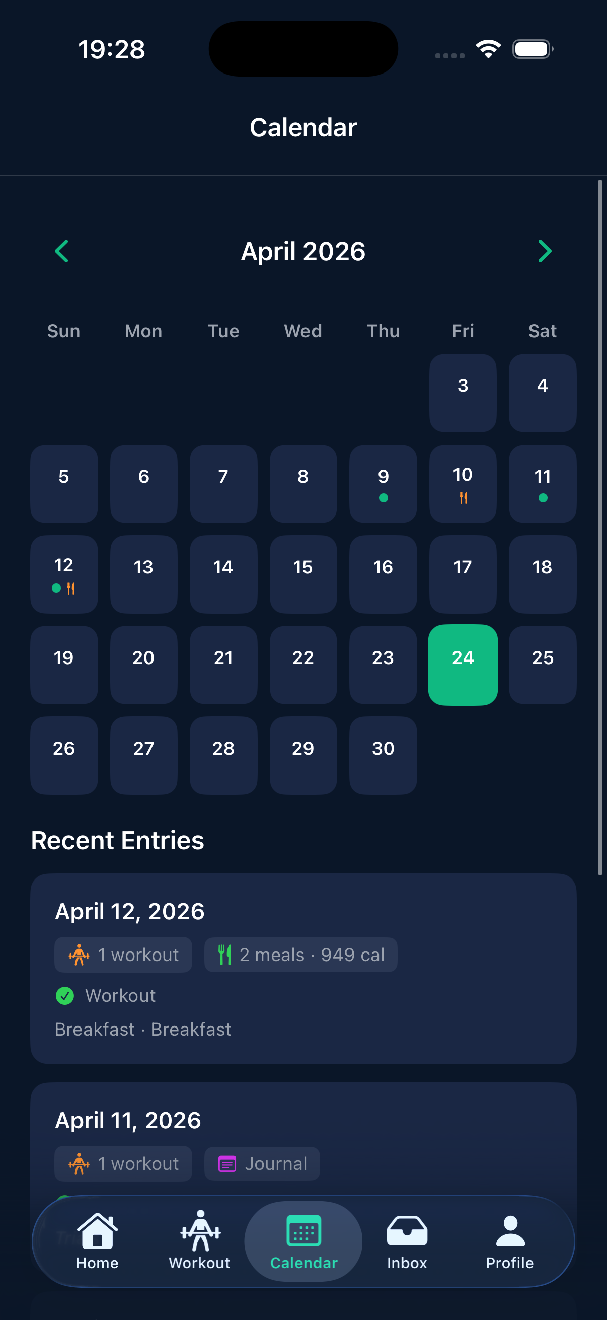 Calendar with green streak dots