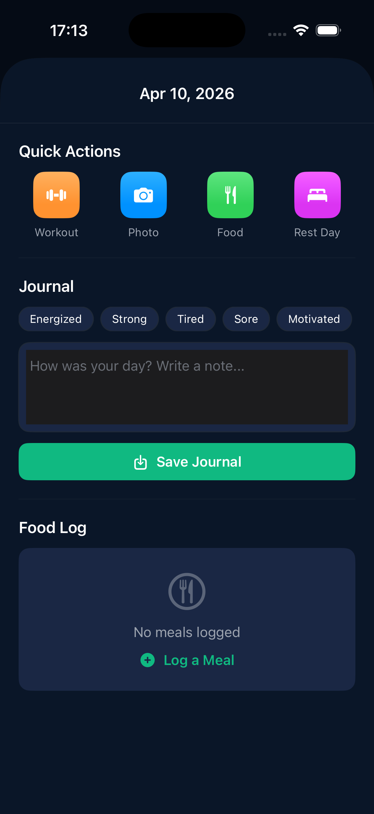 StayFit daily journal screen with quick actions for workout, photo, food, and a mood selector