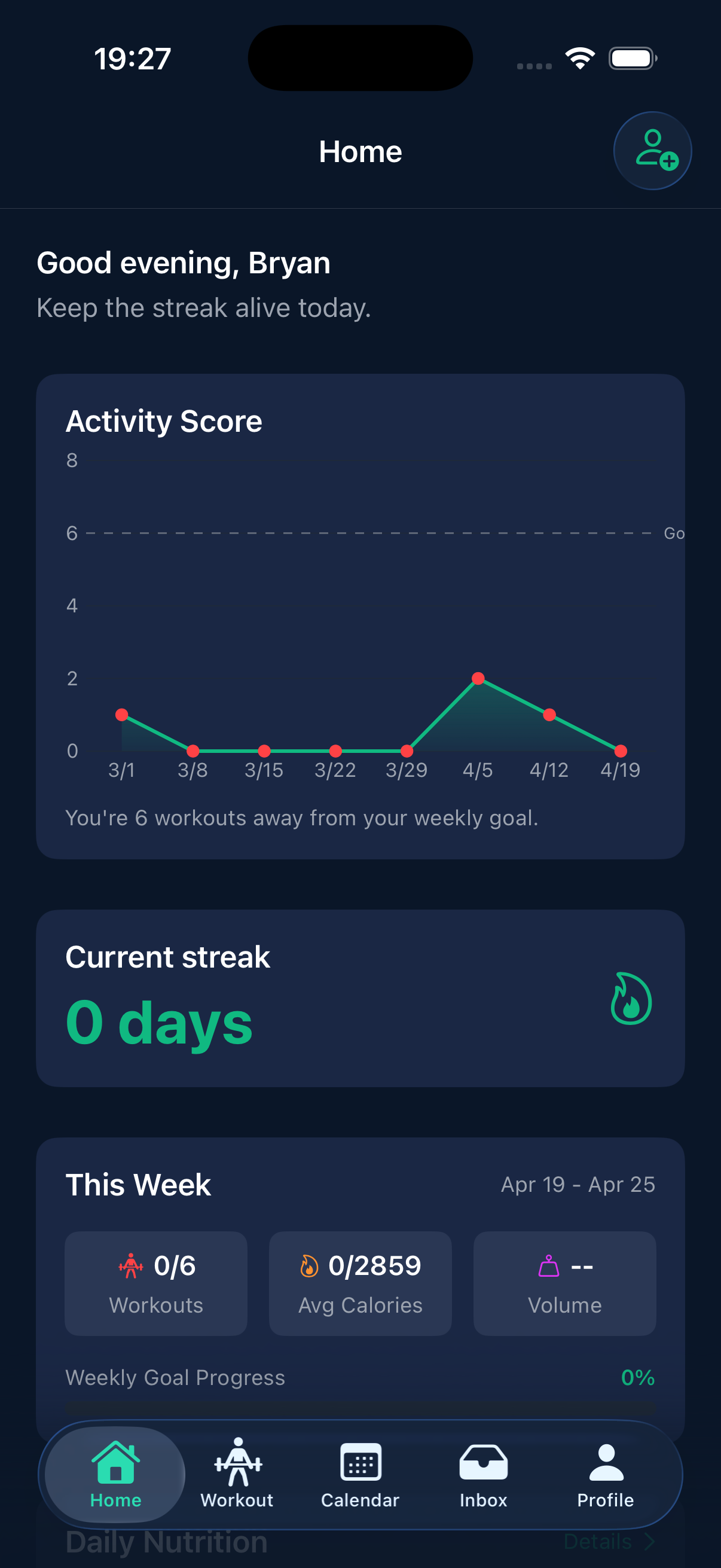 StayFit home dashboard