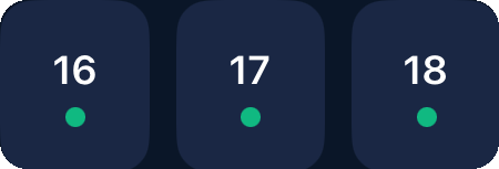 Three calendar day cells from the app with green streak dots