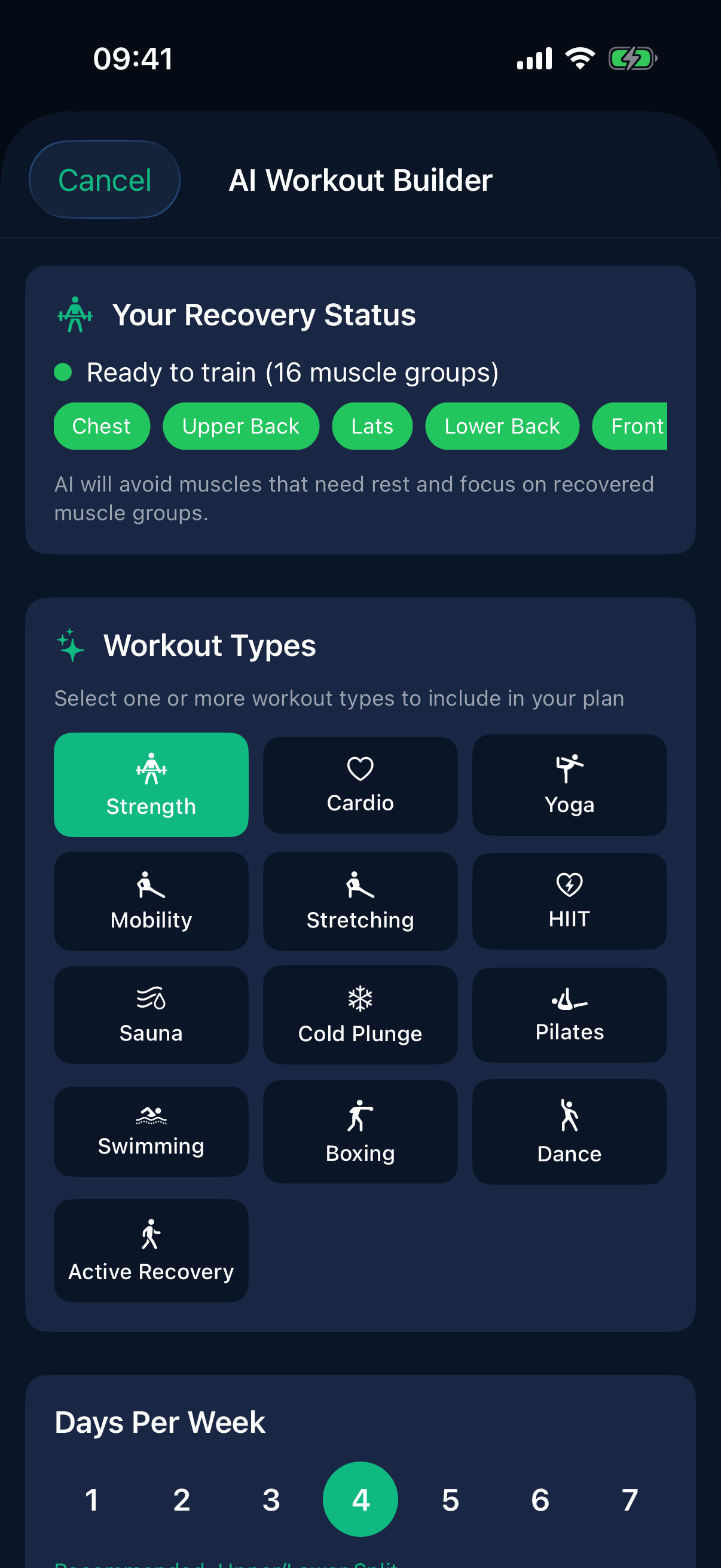 AI Workout Builder generating a workout based on recovery