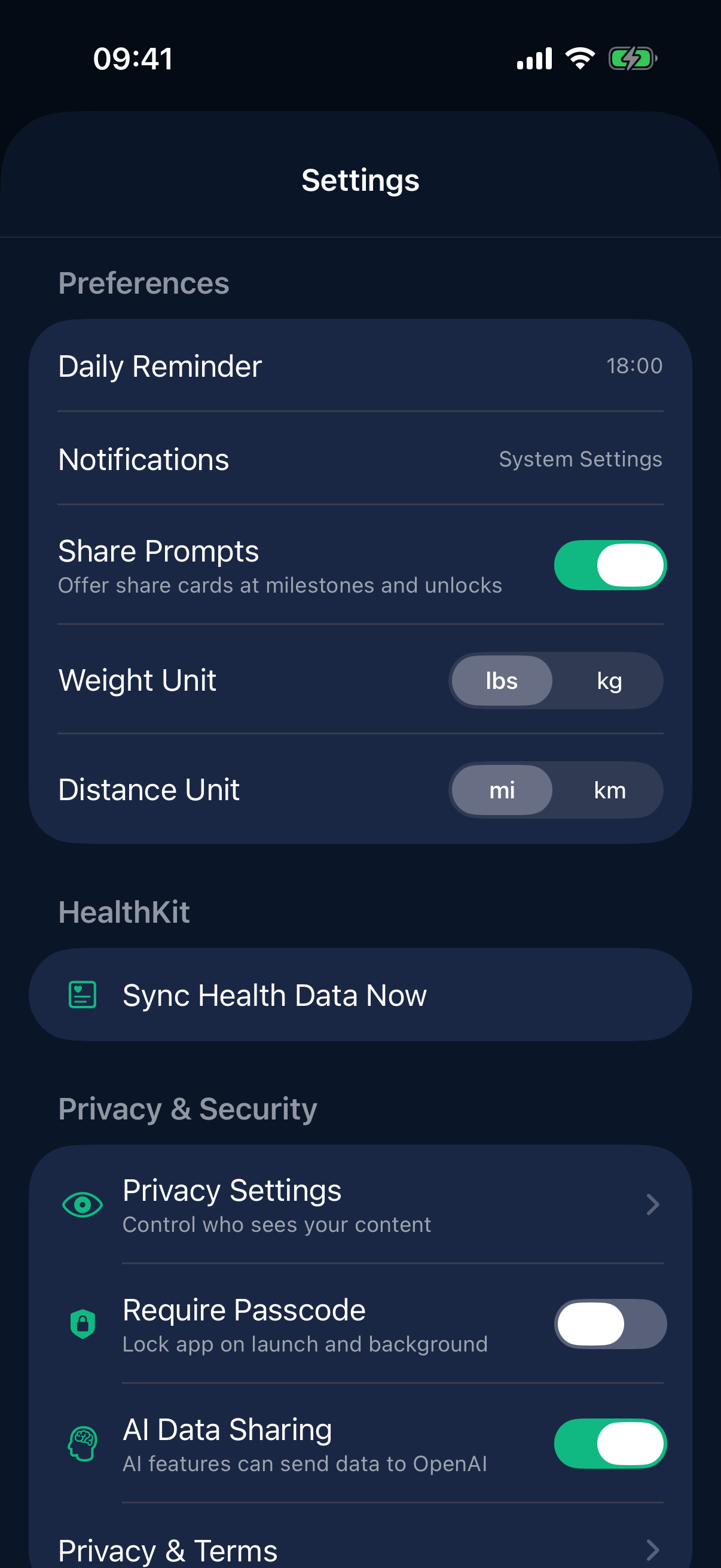 StayFit privacy settings with app lock enabled: lock on launch and background