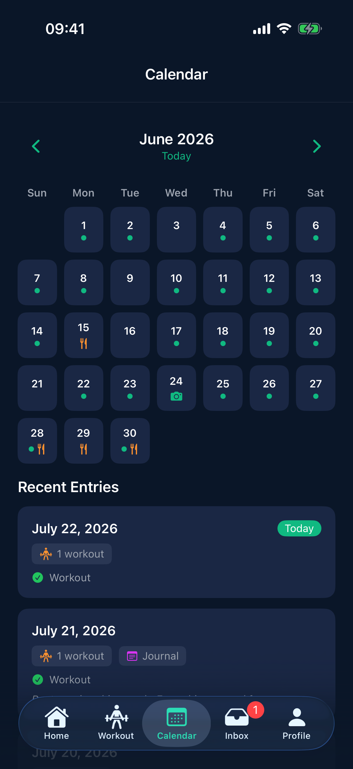 StayFit calendar month filling with green streak dots