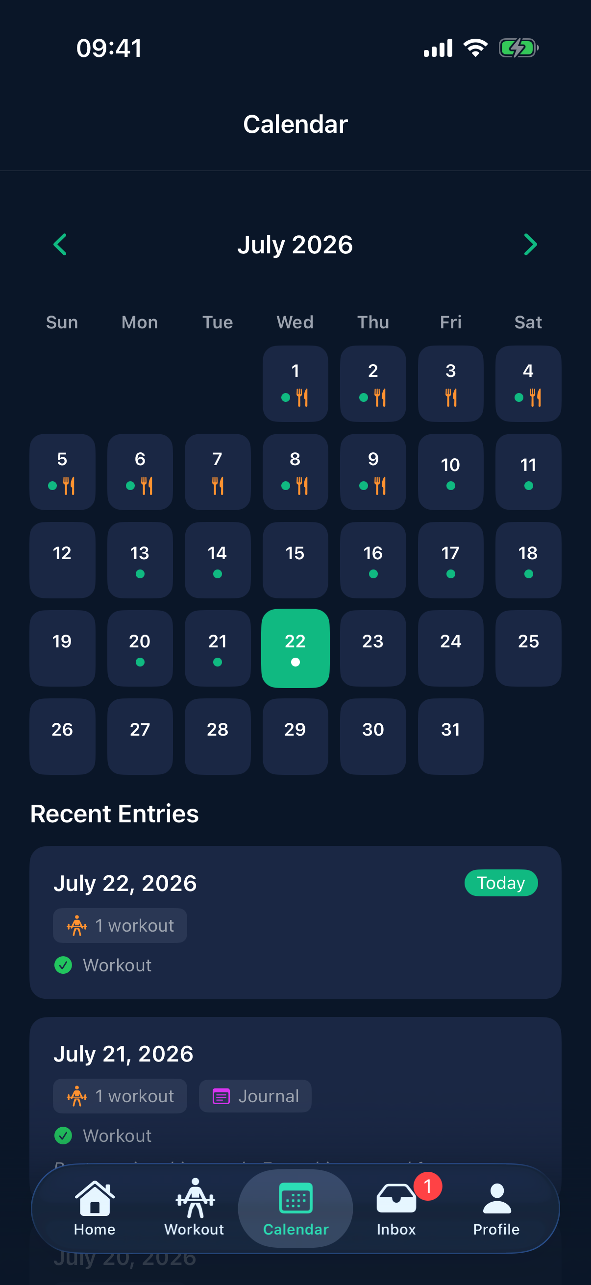 StayFit calendar showing July 2026 with green streak dots and meal icons on each day