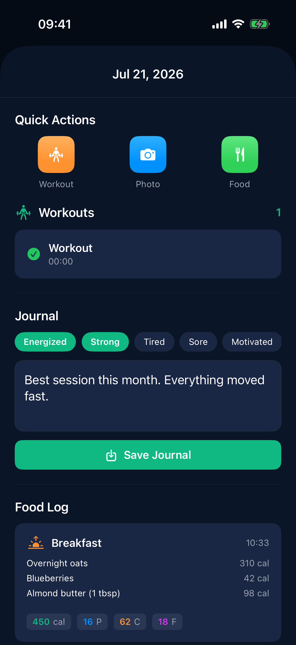 StayFit day sheet with quick actions, a completed workout, and journal mood chips