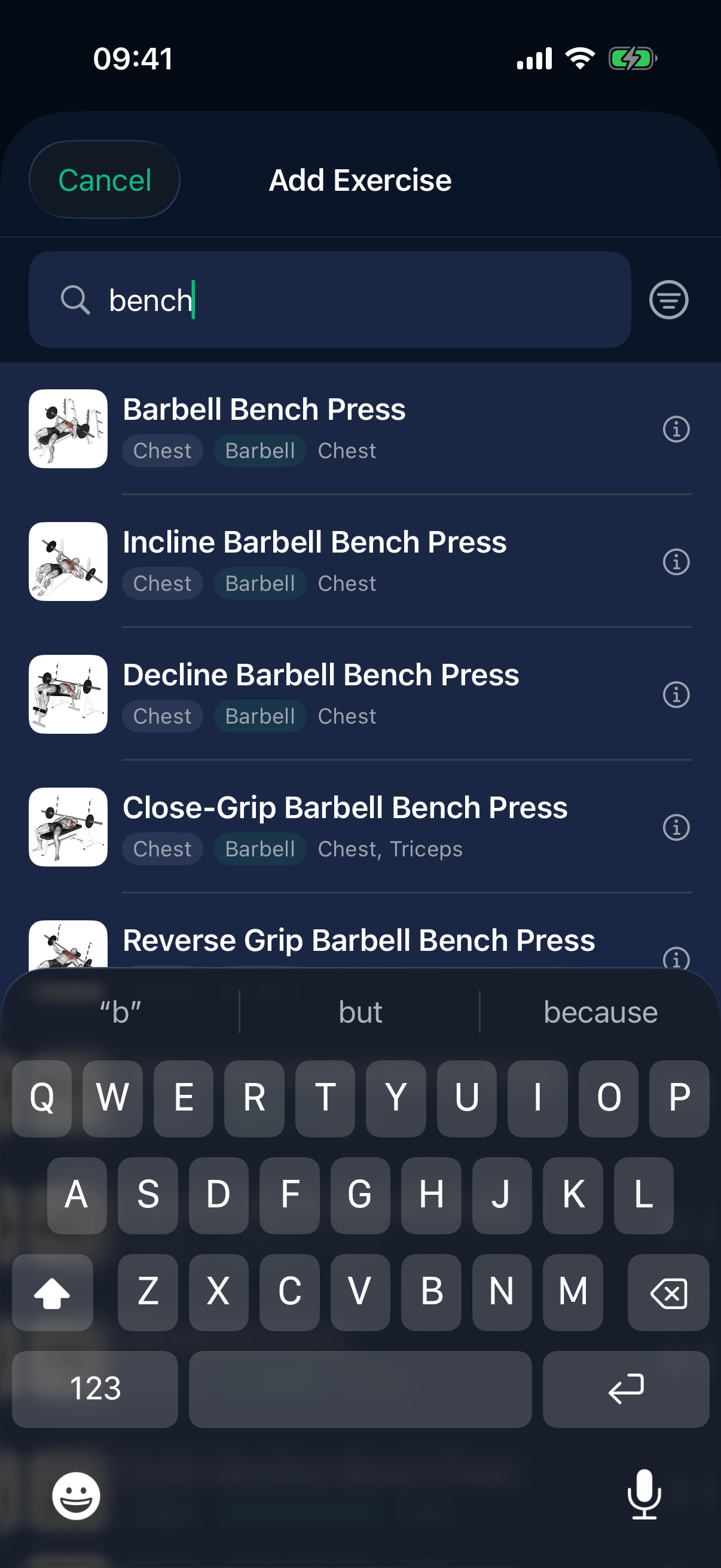Exercise library searched for bench with five barbell variations