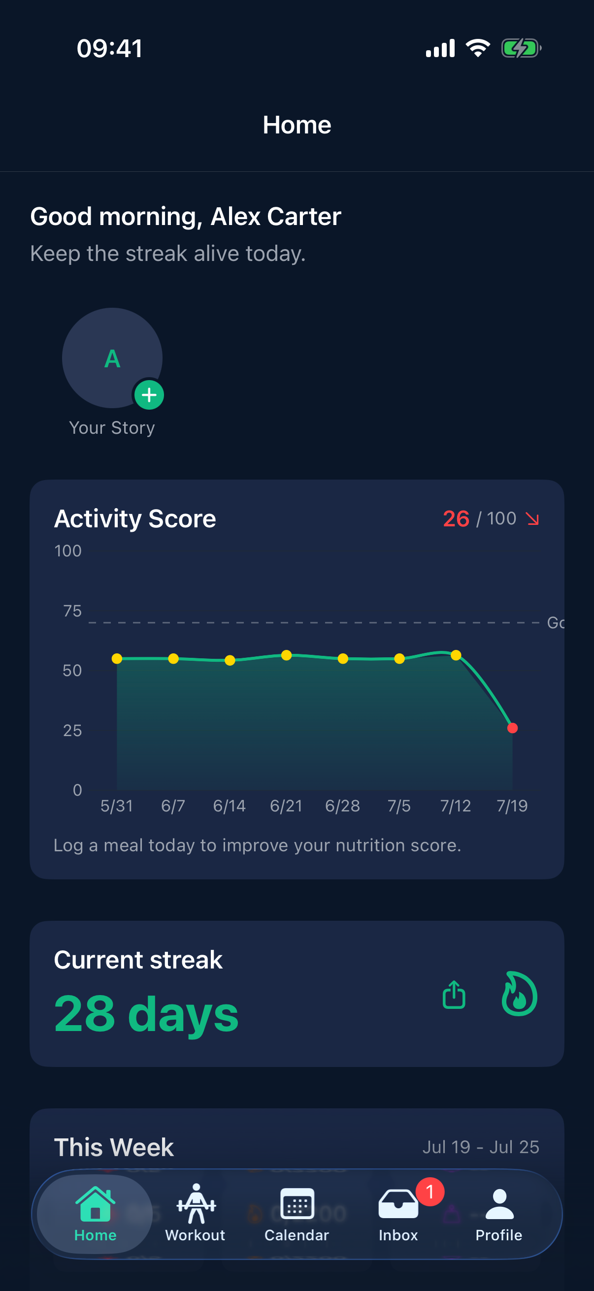 StayFit home dashboard with activity score trend and 28-day streak
