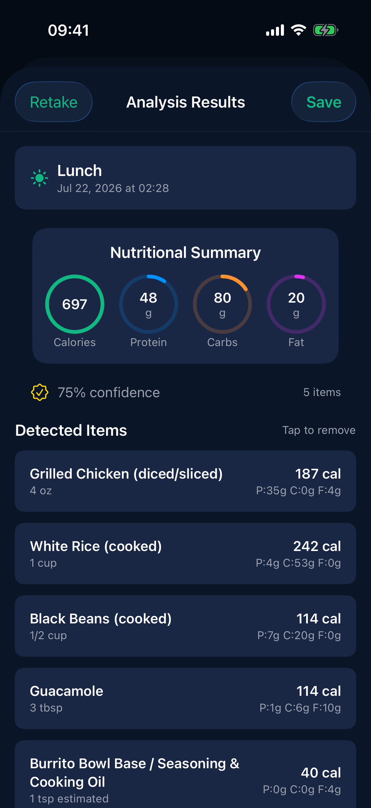 AI nutrition analysis results