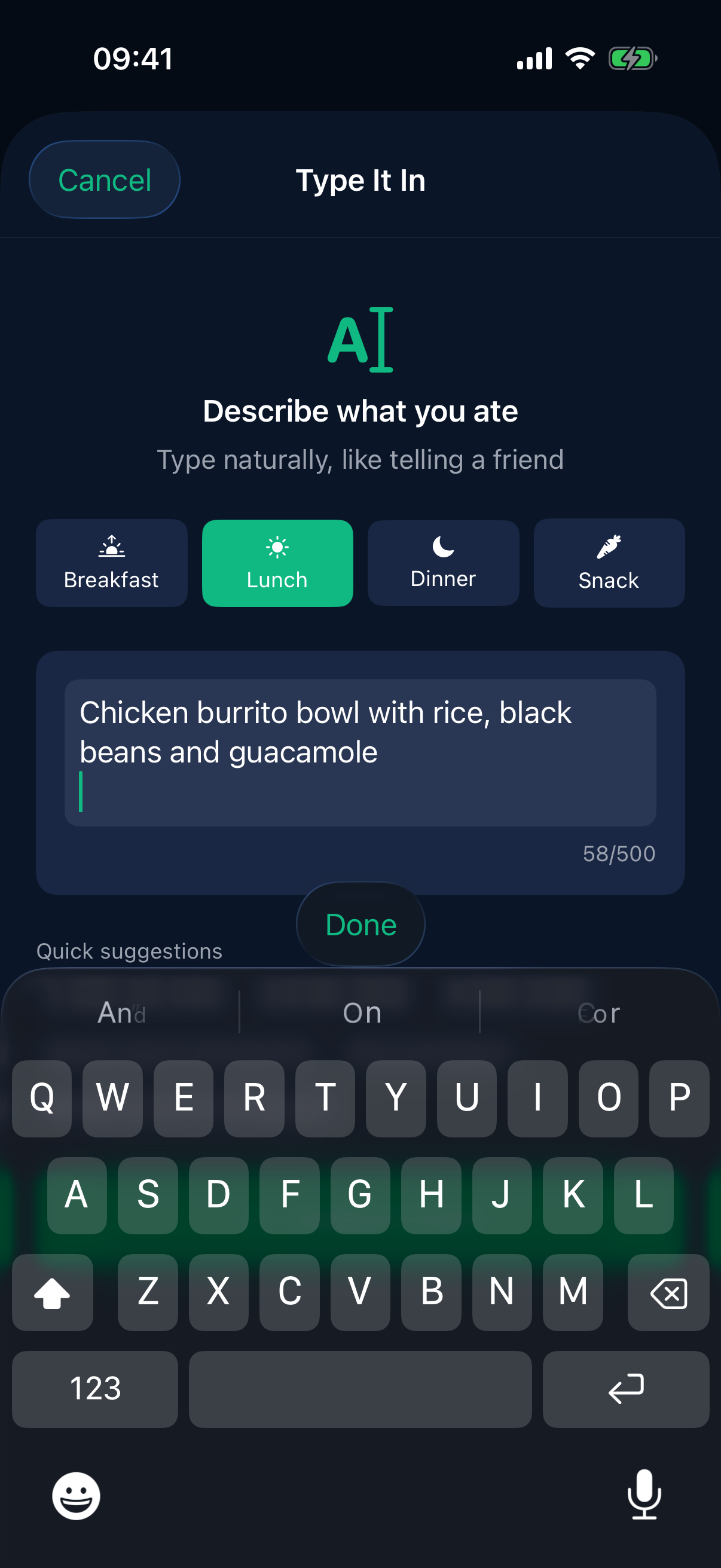 Nutrition input screen