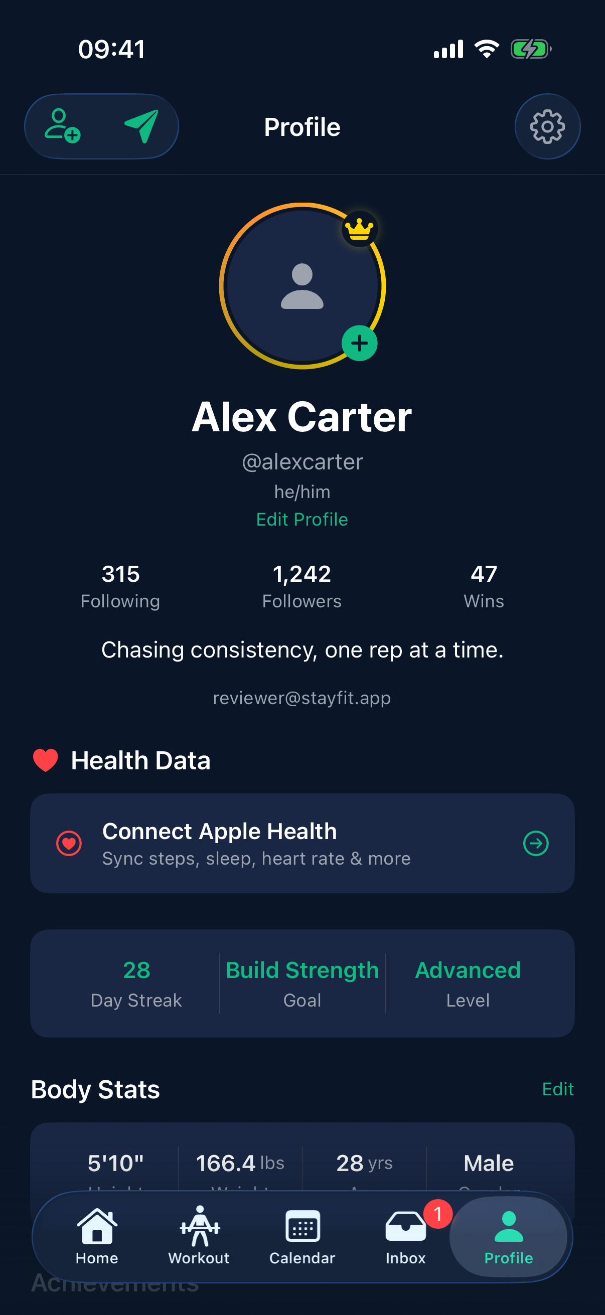 Profile screen with private progress timeline and body stats