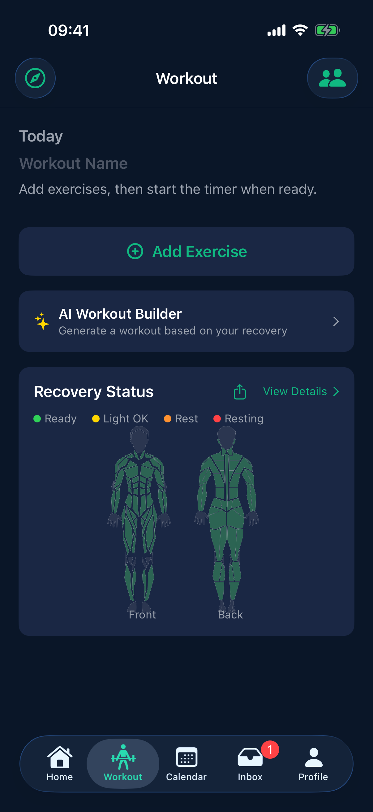 Live recovery muscle map with front and back body figures