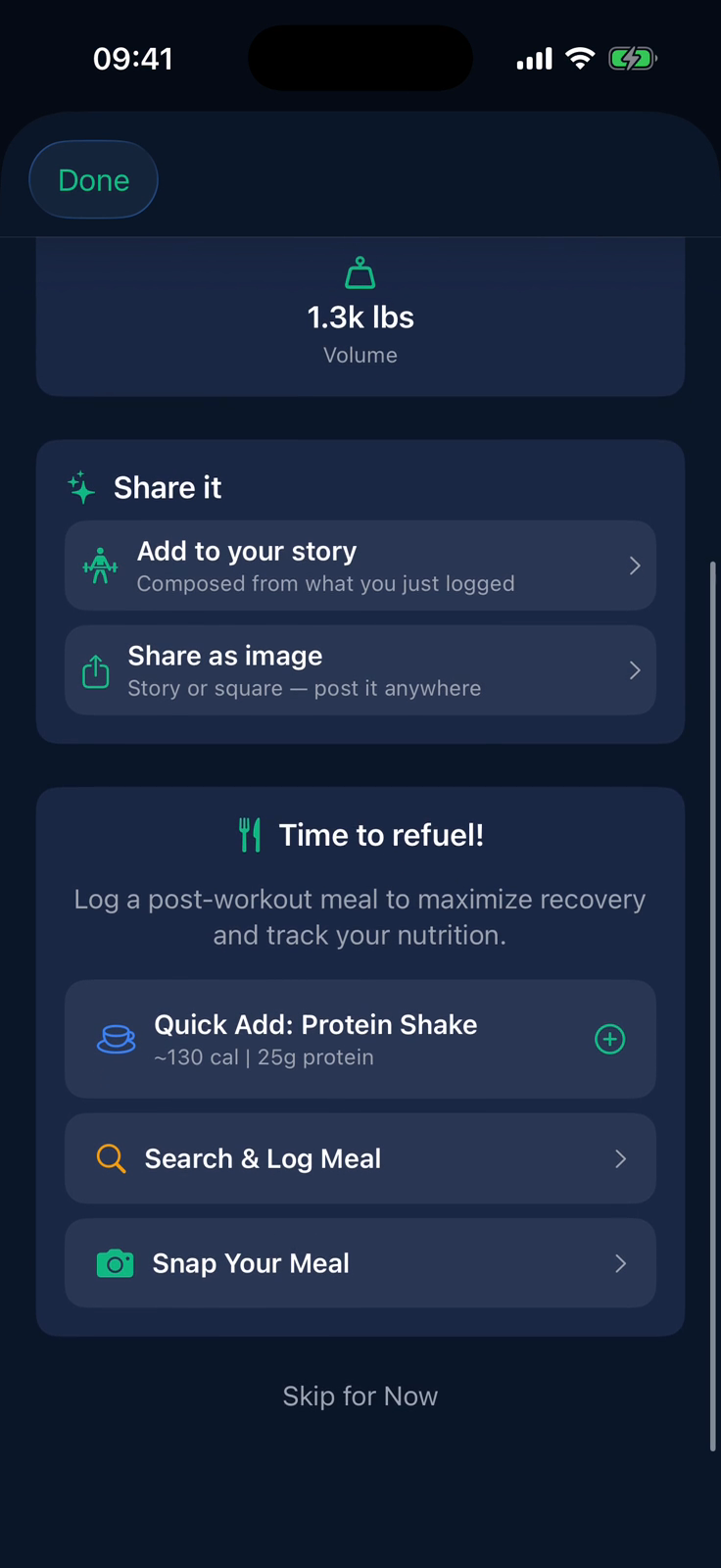 Post-workout summary: workout complete in 18 minutes, 1.3k lbs volume