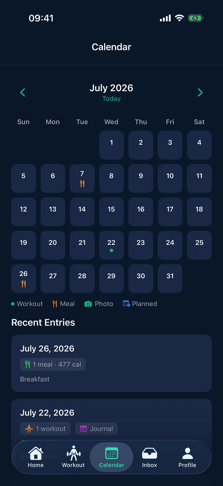 A filled StayFit training month: workout dots and meal icons on most days