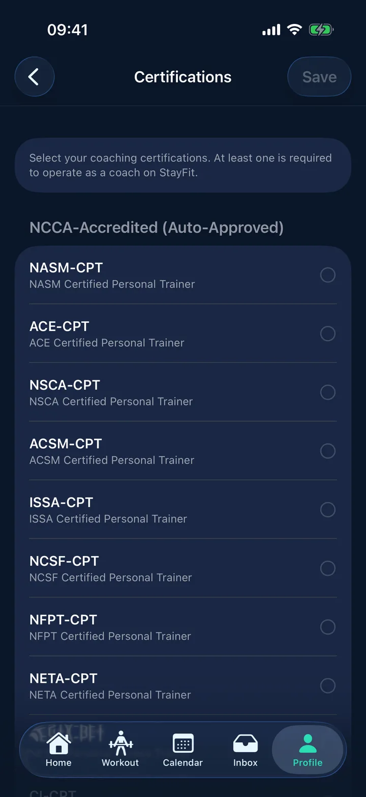 A coach's certifications listed in StayFit