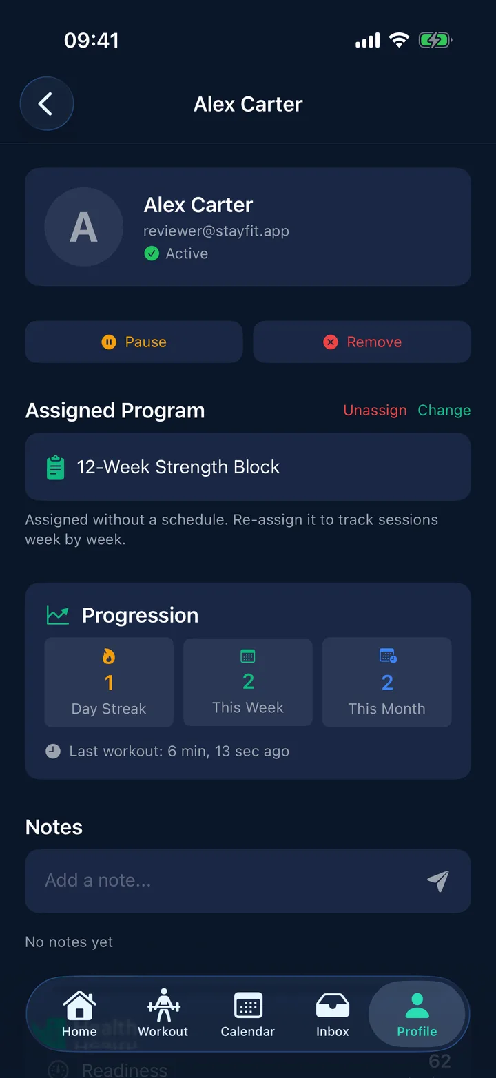 A client's progress and program compliance in the StayFit coach view