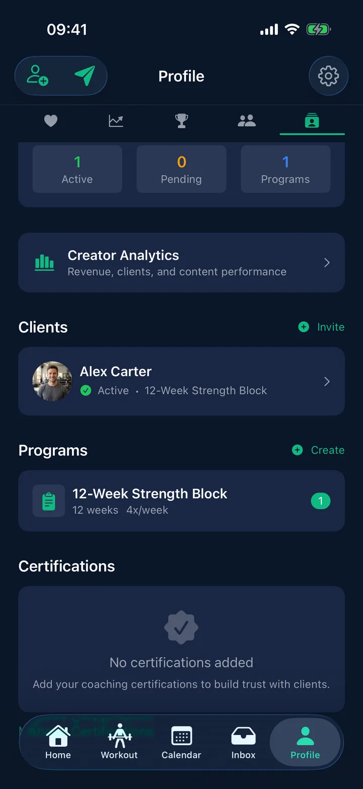 A coach's client list in StayFit with status per client