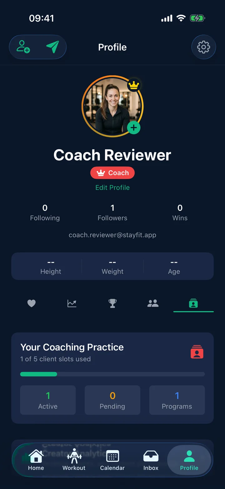 StayFit coach dashboard: client roster and coaching stats in the iOS app