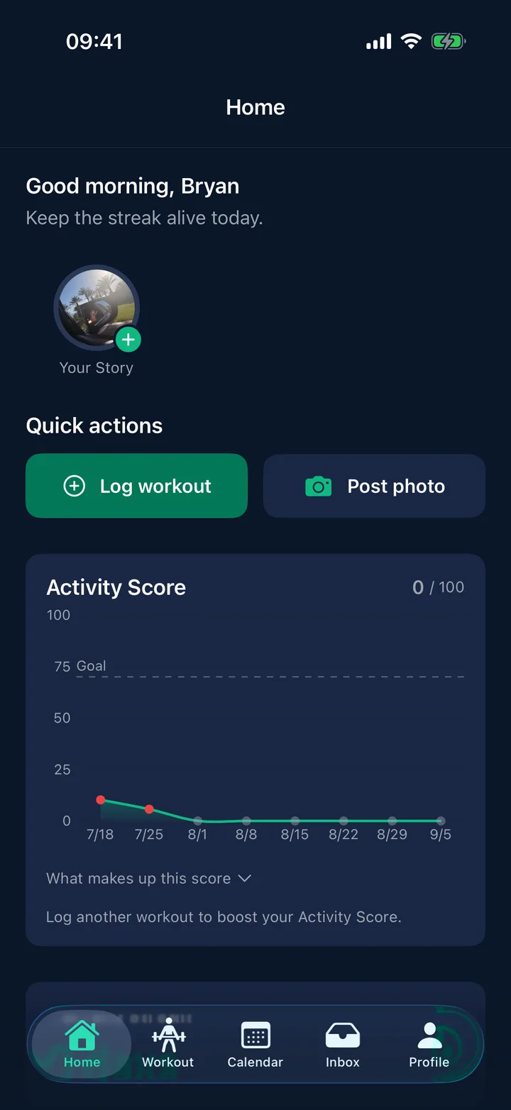 StayFit Home tab: today's plan, activity trend and current streak on one dashboard