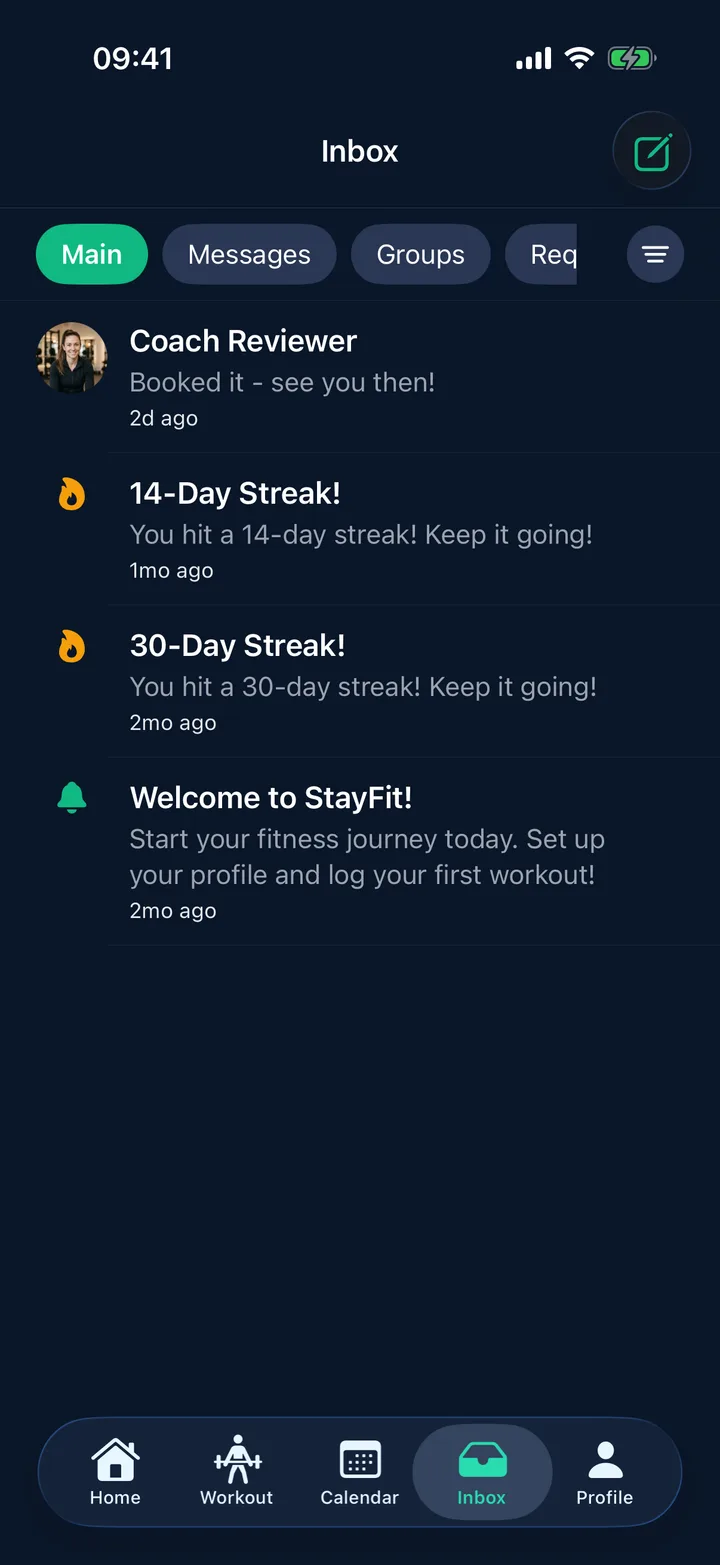 StayFit Inbox with message threads including a coach conversation