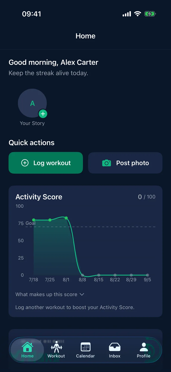 StayFit Home dashboard with quick actions and the activity score trend