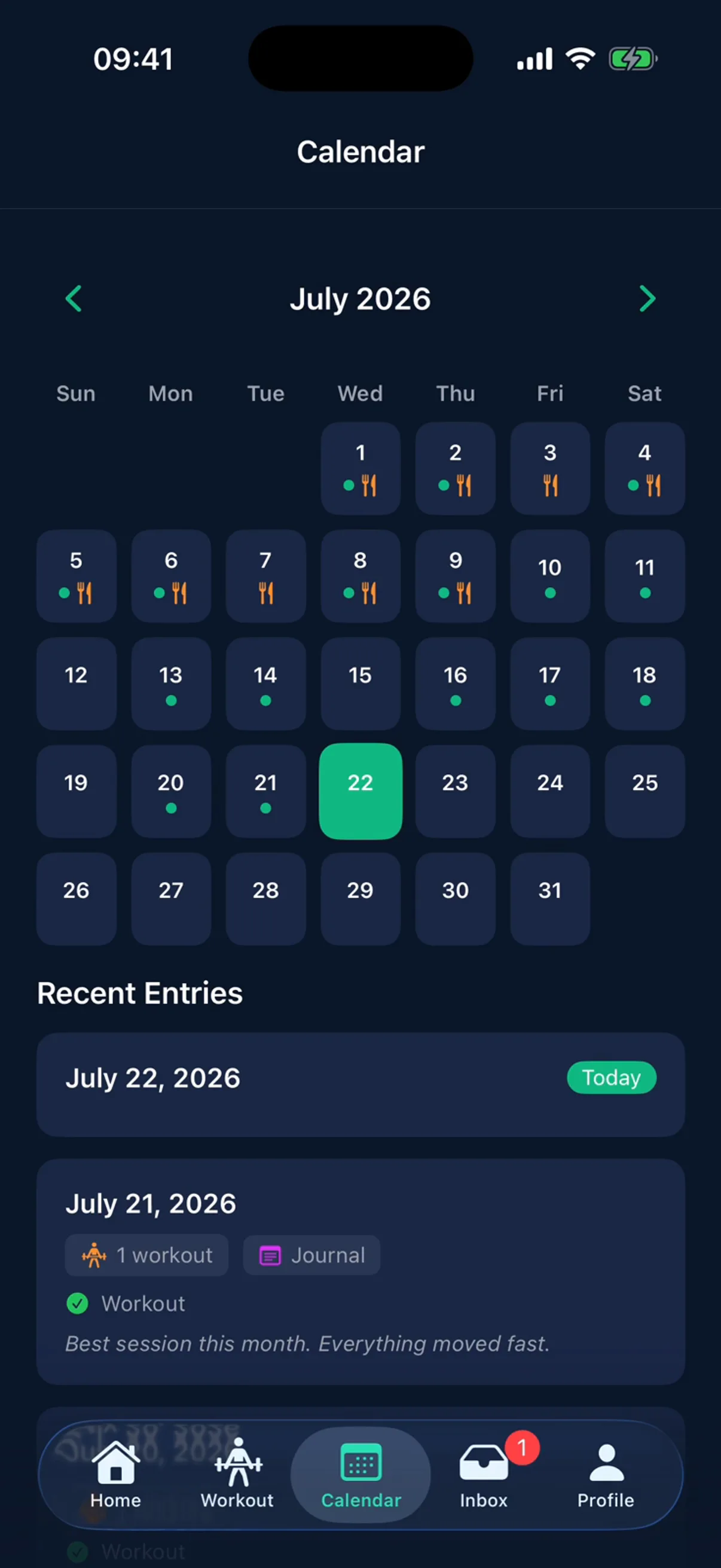 StayFit calendar for July filled with green streak dots and meal icons