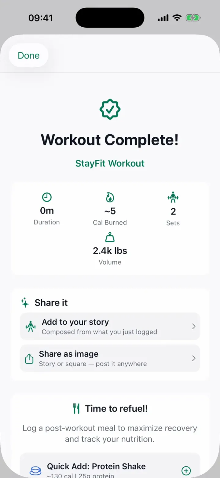 StayFit screen recording: logging a bench press workout set by set, from the Home dashboard to the workout summary