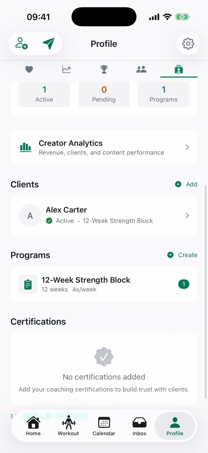 StayFit coach experience: the coach dashboard with client roster, building a training program, and assigning it to a client