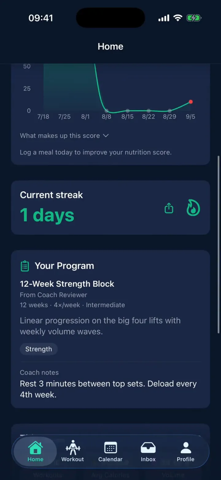 StayFit as a coached client: the Home dashboard, the month calendar with a completed workout, and a fresh message from the coach in the Inbox